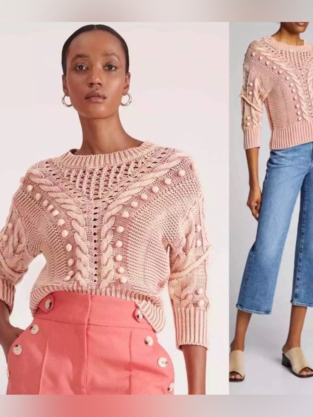 Veronica Beard Eleanor Pink Pointelle Cable Knit Sweater